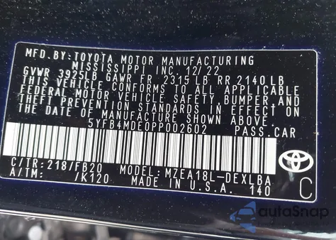 2023 Toyota Corolla Le from USA, damaged, VIN 5YFB4MDE0PP002602